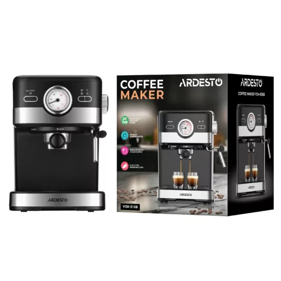 Кофеварка Ardesto рожковая Steel Collection 1.5л, молотый, ручной капучинатор, черно-серебристый