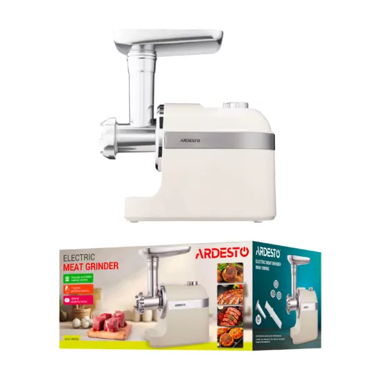 М’ясорубка Ardesto, 1800Вт, 2кг/хв, 3 решітки, насадка для ковбас, кеббе, пластик, бежево-сріблястий