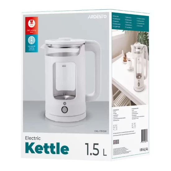 Ardesto Electric Kettle 1.5L, glass+plastic, white