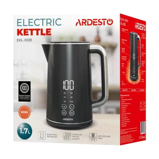 Электрочайник Ardesto Elegance, 1.7л, LED дисплей, двойные стенки, глянец, Otter, чёрный