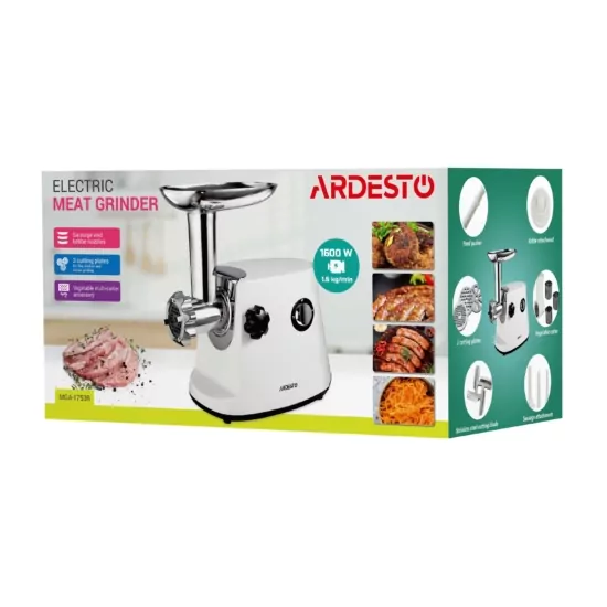 М’ясорубка Ardesto, 1600Вт, 1.6кг/хв, 3 решітки, насадка для ковбас, кеббе, 3 терки, пластик, біло-сріблястий