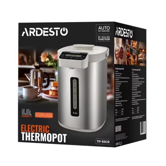 Термопот Ardesto 5.5л, дисплей, нержавеющая сталь+пластик, серо-белый