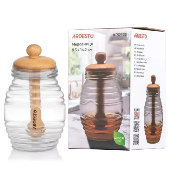Медовниця Ardesto Midori 500мл, 8.3х14.2см, бамбук, скло
