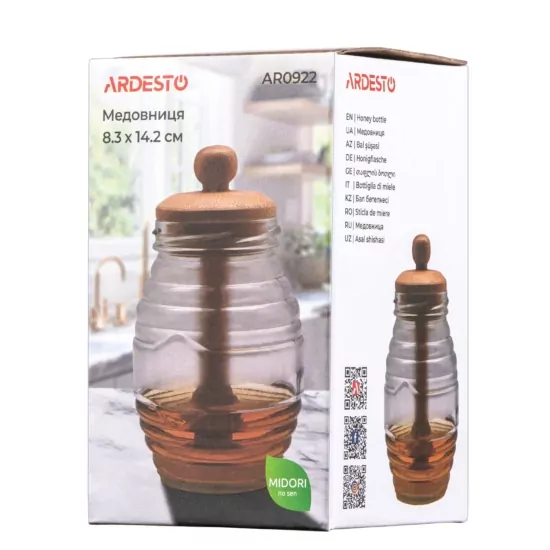 Медовниця Ardesto Midori 500мл, 8.3х14.2см, бамбук, скло
