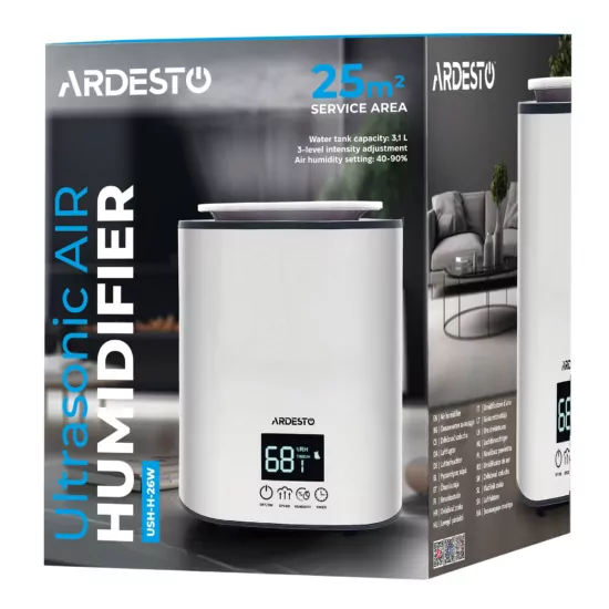 Air humidifier ARDESTO ultrasonic, 25m2, 3.1l, 250ml/h, electric. steering, upper water bay, display, white