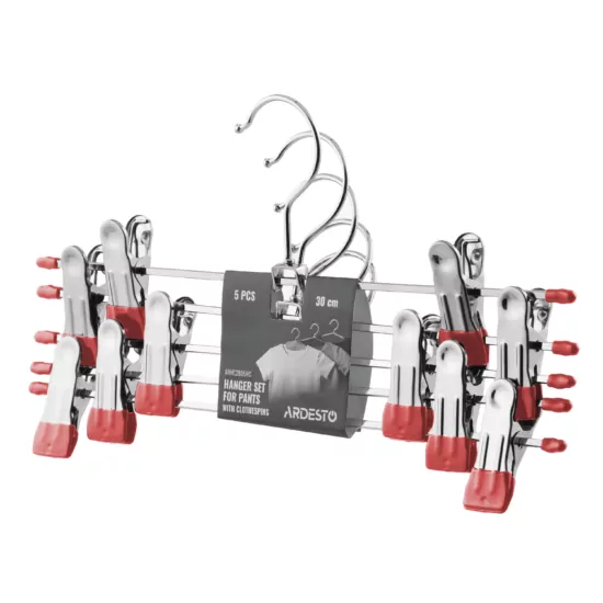 Набор плечиков с прищепками для брюк ARDESTO 30см, 5шт, металл, ПВХ, красный