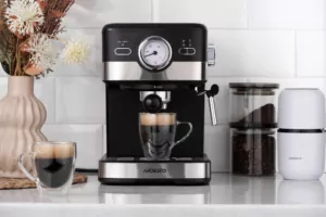 Кофеварка Ardesto рожковая Steel Collection 1.5л, молотый, ручной капучинатор,  черно-серебристый