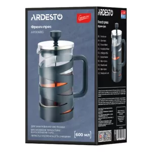 Френч-прес Ardesto Gemini, 600мл, боросилікатне скло, пластик, нержавіюча сталь, прозорий, чорний