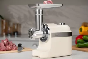 М’ясорубка Ardesto, 1800Вт, 2кг/хв, 3 решітки, насадка для ковбас, кеббе, пластик, бежево-сріблястий