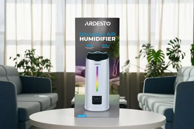 Увлажнитель воздуха ARDESTO ультразвуковой, 40м2, 6.5л, 390мл/ч, электр. управление, пульт ДУ, верх. залив воды, дисплей, белый
