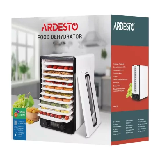 Сушарка для продуктів Ardesto 550Вт, піддонів – 10+1×3см, макс – 70°С, сітка для ягід, пластик, білий
