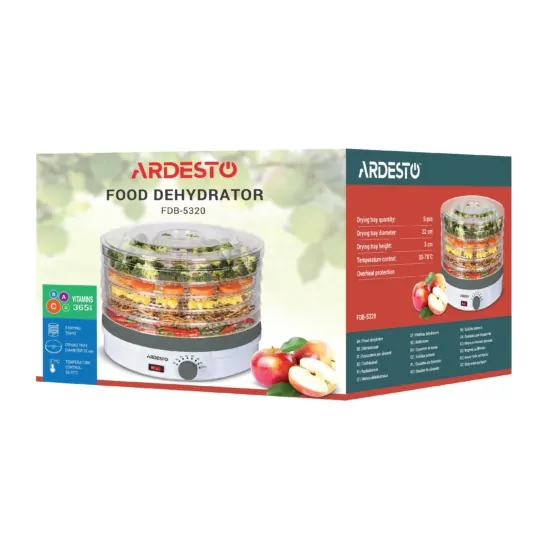 Сушка для продуктов  Ardesto FDB-5320, 245Вт, поддонов -5×3см, диаметр-32см, макс-70°С, рег.темп, пластик, белый