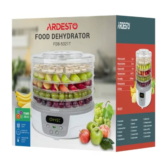 Сушарка для продуктів  Ardesto FDB-5321T, 250Вт, піддонів -5×3см, діаметр-32см, макс-70°С, таймер, електр. управління, пластик , білий