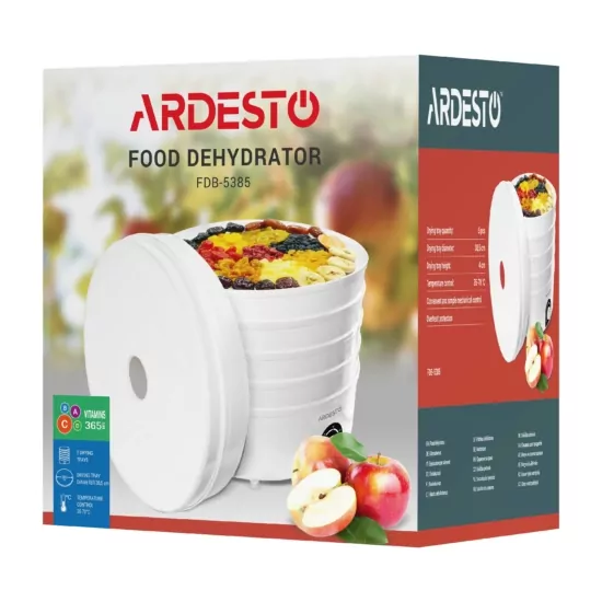Сушка для продуктов  Ardesto FDB-5385, 520Вт, поддонов -5×4см, диаметр-38,5см, макс-70°С, рег.темп, пластик, белый