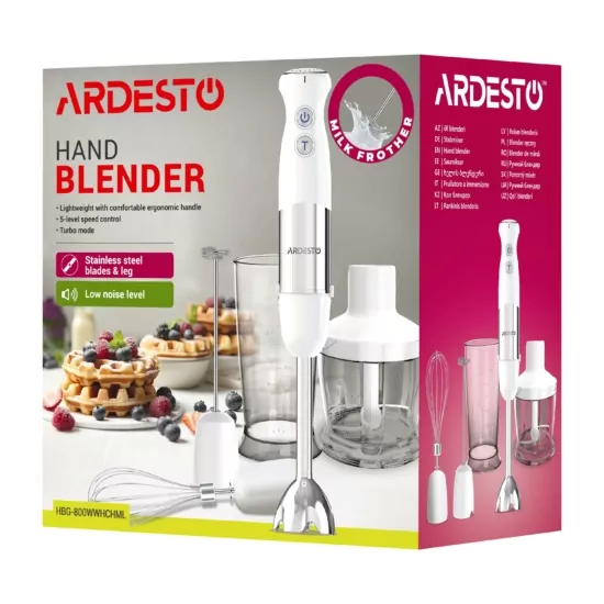 Блендер ARDESTO погружной HBG-800WWHCHML, 800Вт, 4в1, чаша-600мл, чопер 500мл, бело-серебристый