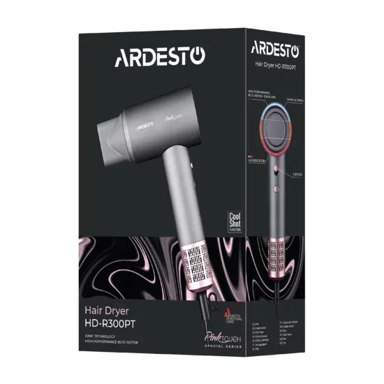 Фен Ardesto Pink Touch, 1600Вт, 2 швидкості, 3темп.режими, іонізація, дифузор, магнітні насадки, сірий+рожевий