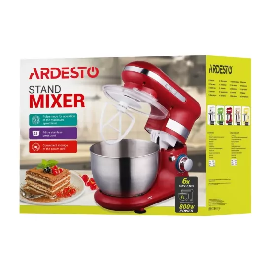 ARDESTO Міксер планетарний 800Вт, насадки-3, чаша-нерж., метал, 4л, Pulse-режим, червоний