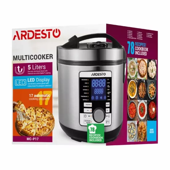 Мультиварка Ardesto, 860Вт, чаша-5л, электронное управл., книга рецептов, металл/пластик, серый
