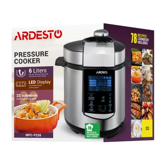 Ardesto pressure cooker, 900W, bowl-6l, electronic control, recipes book, iron/plastic, silver
