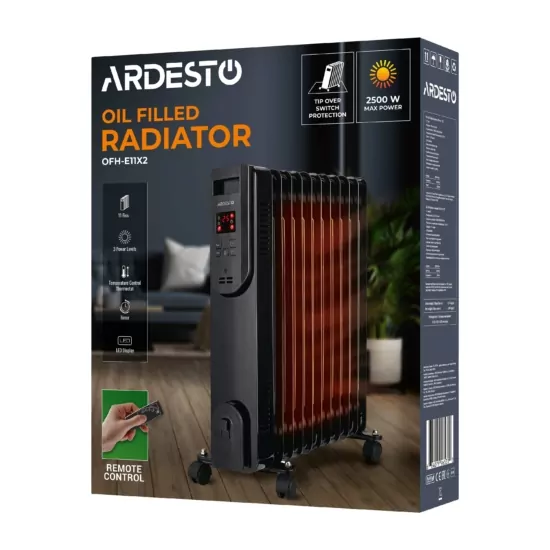 Масляный радиатор ARDESTO, 25м2, 2500Вт, электр. упр-ние, 11 секций, пульт ДУ, чёрный