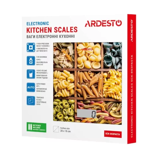 Весы ARDESTO кухонные Pasta, 5кг, AAAx2 в компл, стекло, многоцветный