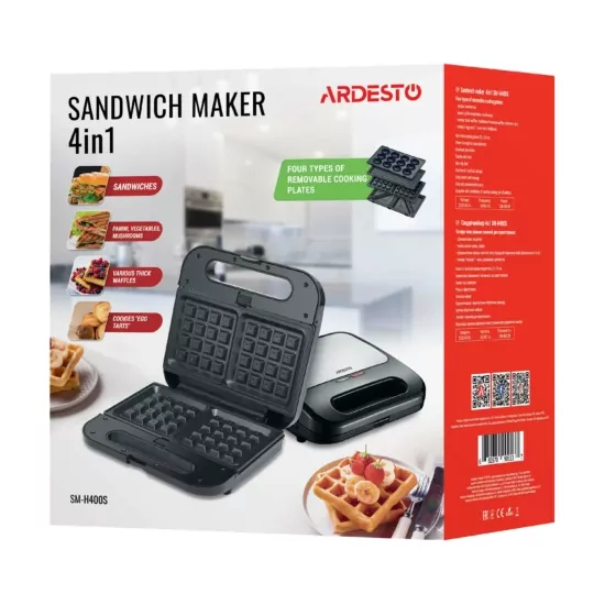 Мультимейкер ARDESTO 700Вт, алюминий, 4 пластины, корпус-нерж.сталь/пластик, черно-серебристый