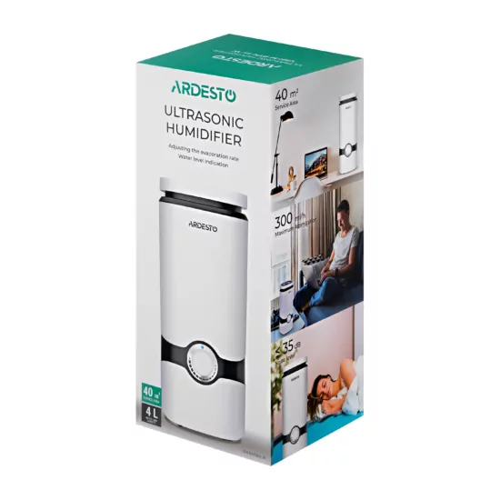 Humidifier ARDESTO ultrasonic, 40m2, 4L, 300ml/h, mechanical control, up. bay of water, white