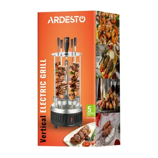 Ardesto vertical electric grill 900W, 5 skewers, rotation 360°, U-shaped heaters, alum. casing, inox