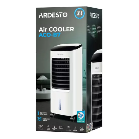 Охолоджувач повітря ARDESTO ACO-B7 3в1 охолоджувач-зволожувач-вентилятор, 15 м2, ел. кер-ня, резервуар 7 л., 430 м3/год, дисплей, таймер, авто вим-ня, пульт дк, біл/чорн