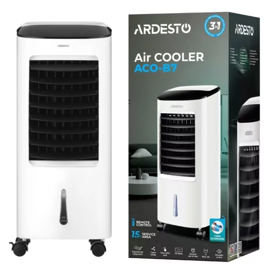 Охолоджувач повітря ARDESTO ACO-B7 3в1 охолоджувач-зволожувач-вентилятор, 15 м2, ел. кер-ня, резервуар 7 л., 430 м3/год, дисплей, таймер, авто вим-ня, пульт дк, біл/чорн