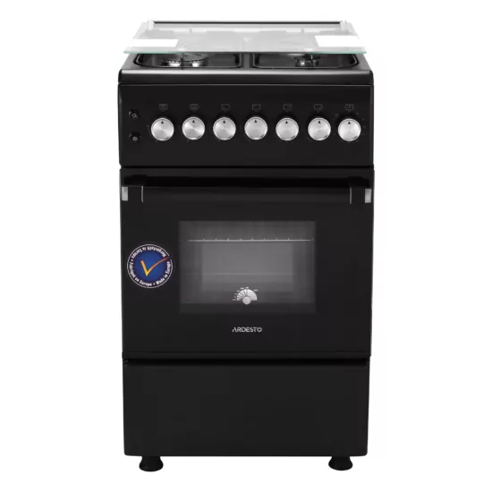 Плита ARDESTO газовая, 50л, 50×60см, стеклянная крышка, электроподжиг, таймер, термометр, кофе адаптер, форсунки LPG (подключение газового баллона), черный