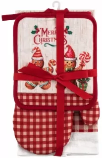 Подарочный набор для кухни Ardesto Christmas Gingerbread, 3шт, 100% хлопок (полотенечко), 100% полиэстер (прихватки), красный