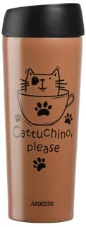 Термочашка Ardesto Coffee time Cat, 450мл, нержавіюча сталь, коричневий світлий