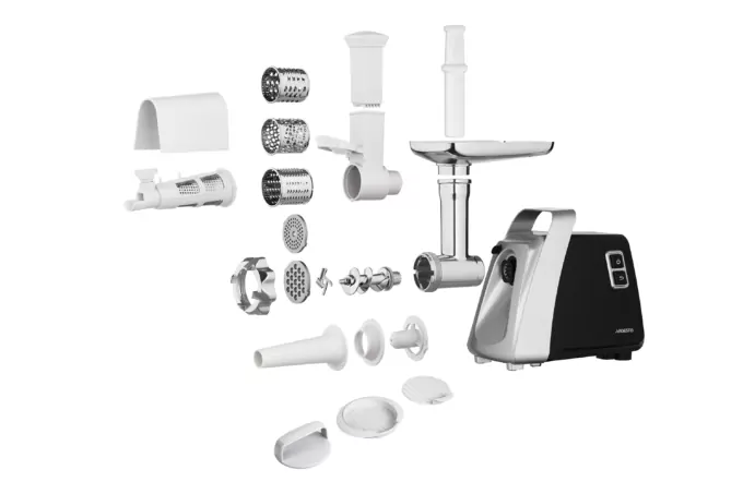 Мясорубка ARDESTO, 2100Вт, 2кг/мин, 3 решетки, насадка для колбас, кеббе, томатов, 3 терки, бургер-пресс, пластик, черно-серебристый