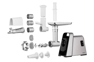Ardesto meat grinder, 2400W, 2.2kg/min, 3 cutting plates, sausages nozzle, 4 veg.slicer, tomato juicer, plastik, black-silver