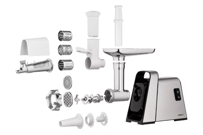 Ardesto meat grinder, 2400W, 2.2kg/min, 3 cutting plates, sausages nozzle, 4 veg.slicer, tomato juicer, plastik, black-silver