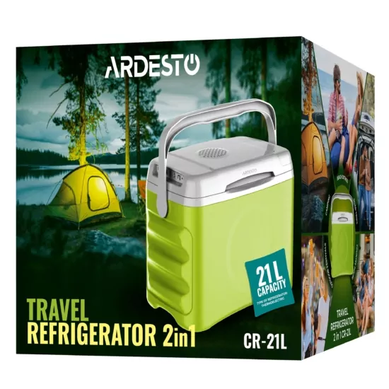 Холодильник дорожный ARDESTO, 2в1, 21л, 220/12В, нагрев 55°C, охлаждение 18-20°C, USB-порт, 4.3кг, светло-зеленый