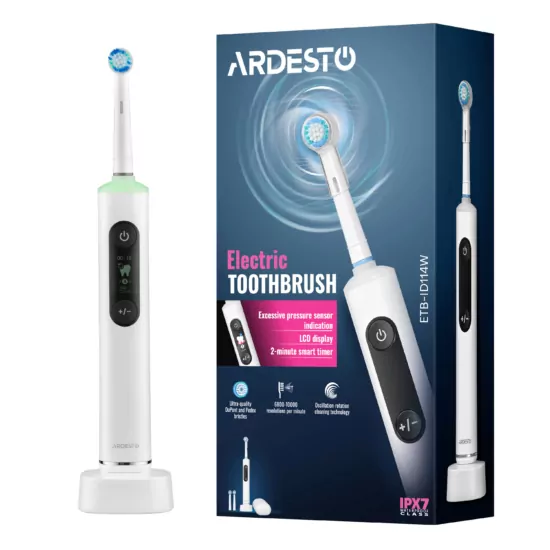 Щітка зубна електр. ARDESTO, ETB-ID114W, 10т. колив/хв, насадок-3, з дісплеєм, IPX7, білий