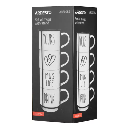 Набор чашек на подставке ARDESTO, 4шт., 320мл, керамика, металл, белый