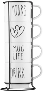 Ardesto Set of mugs with stand, 4pcs, 320ml, ceramic, metal, white