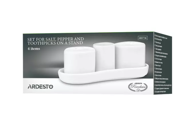 ARDESTO Set for salt and pepper, 4 items, porcelain, white