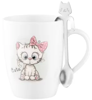 Mug with spoon ARDESTO Cute, 320ml, new bone china, stainless steel, white