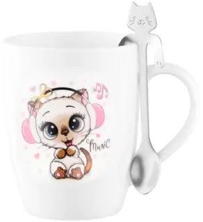 Mug with spoon ARDESTO Music, 320ml, new bone china, stainless steel, white