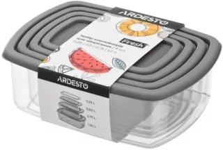 Набір контейнерів для зберігання харчових продуктів ARDESTO Fresh 0.25/0.5/0.75/1.2л, пластик, прямокутна, сірий