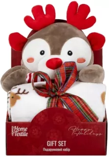 Set ARDESTO Christmas Deer set 2 items: blanket 90x75cm, decor. toy 24cm, 100% polyester, grey